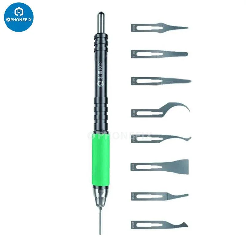 Mijing KC8 Quicky Glue Removal Blade Set for CPU disassembly, featuring precision knives and tweezers for phone repair.