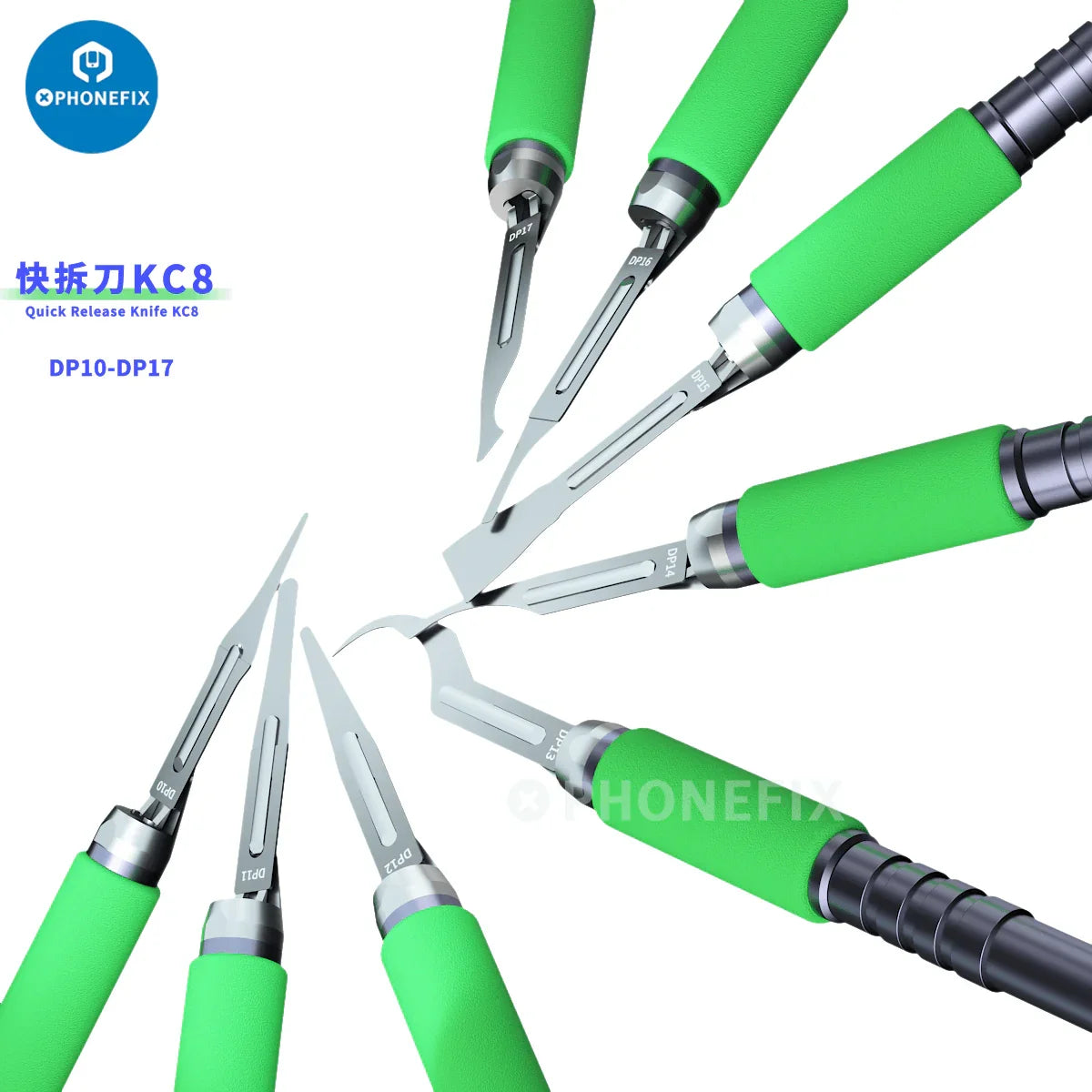 PHONEFIX Mijing KC8 Quicky Glue Removal Blade Set for CPU disassembly, includes precision knives and tweezers for electronics repair.