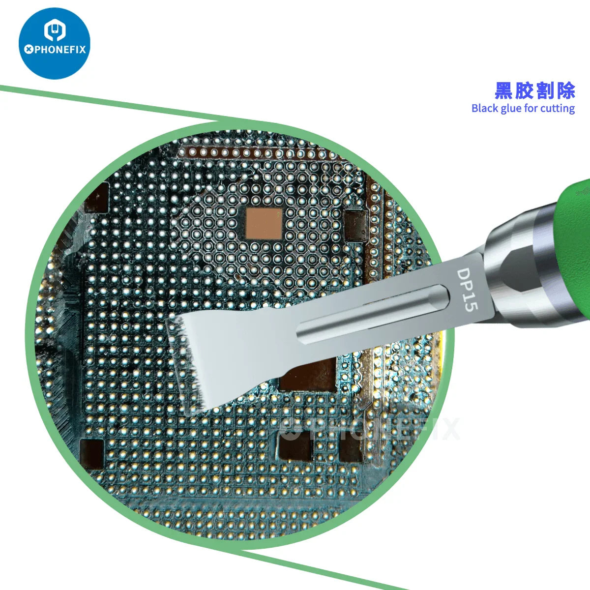 PHONEFIX Mijing KC8 Quicky Glue Removal Blade Set for CPU disassembly, includes tweezers and precision knife tools.