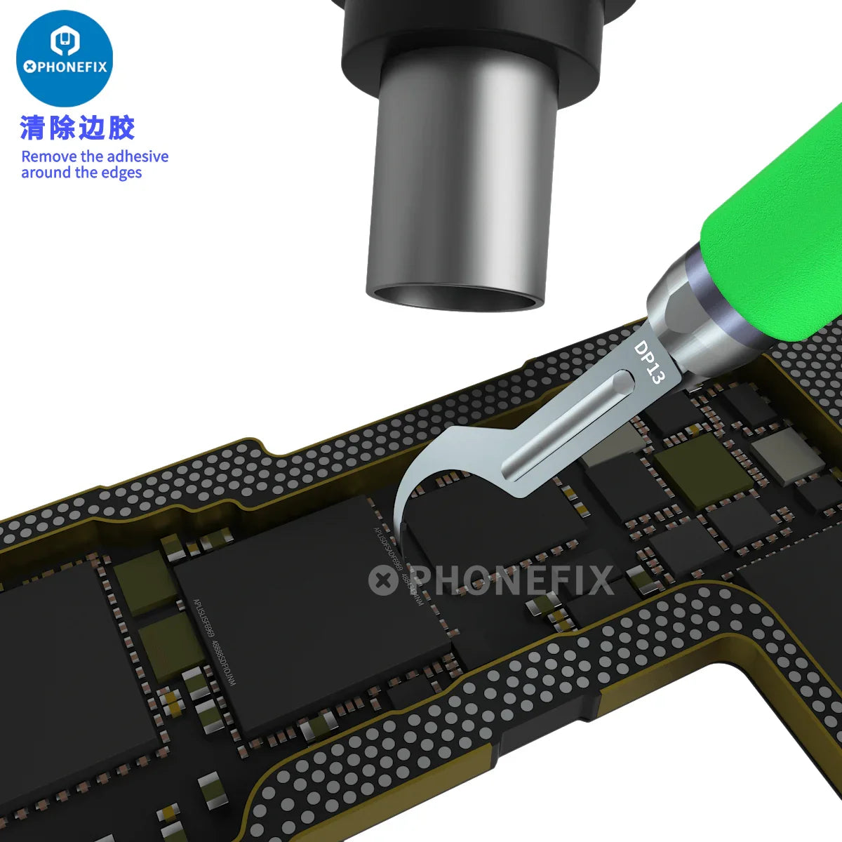 PHONEFIX Mijing KC8 Quicky Glue Removal Blade Set for CPU disassembly, featuring precision knives and tweezers for electronics repair.