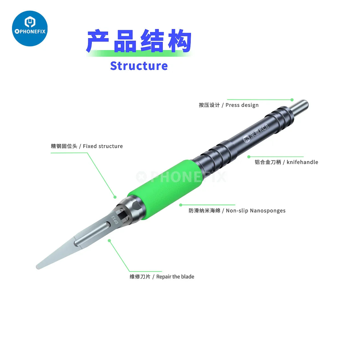 Phonefix Mijing KC8 Quicky Glue Removal Blade Set for CPU disassembly, includes tweezers and knife tools for precise electronic repairs.