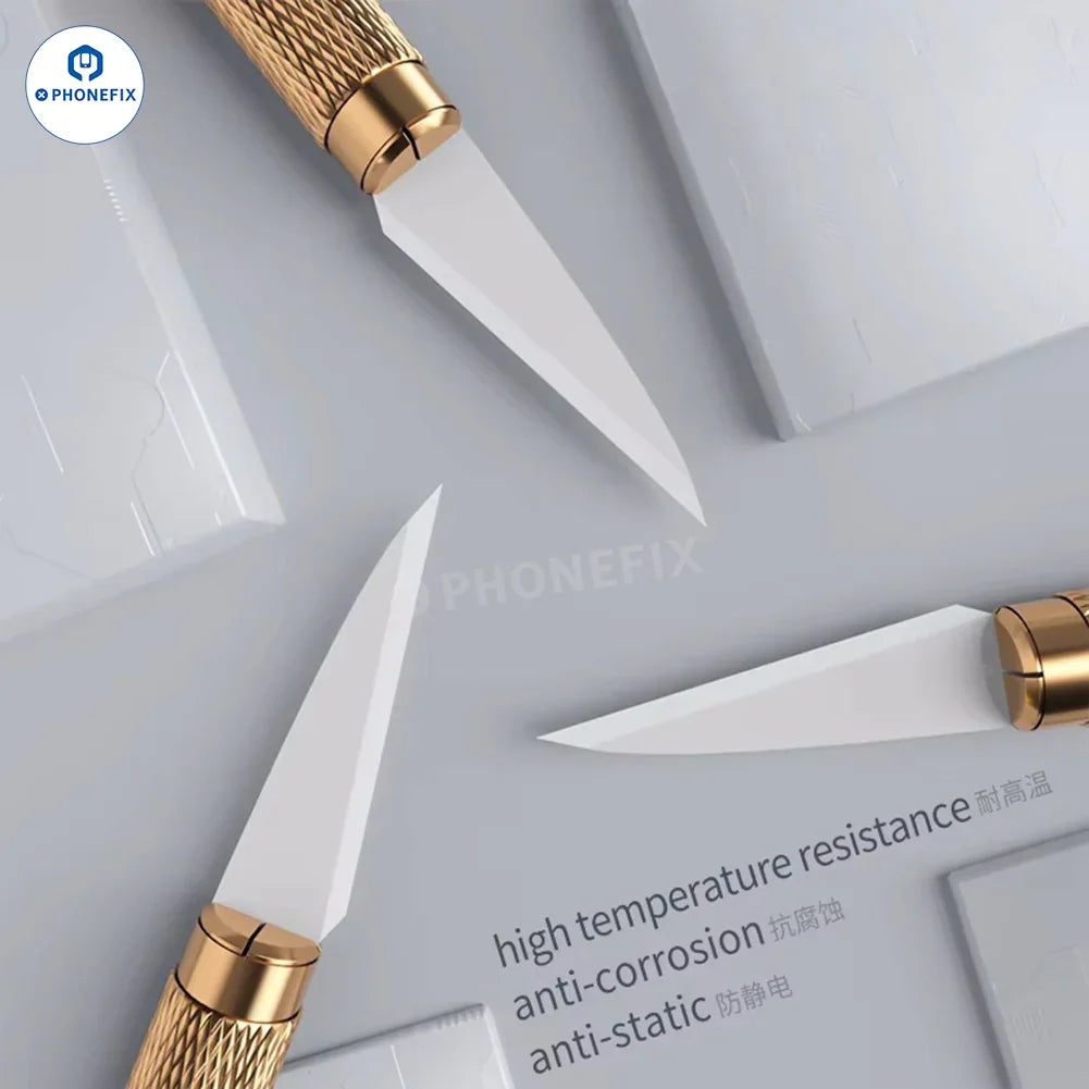 Phonefix MIJING TC-10 ceramic carving knife and tweezers for IC glue removal and precision electronics work.