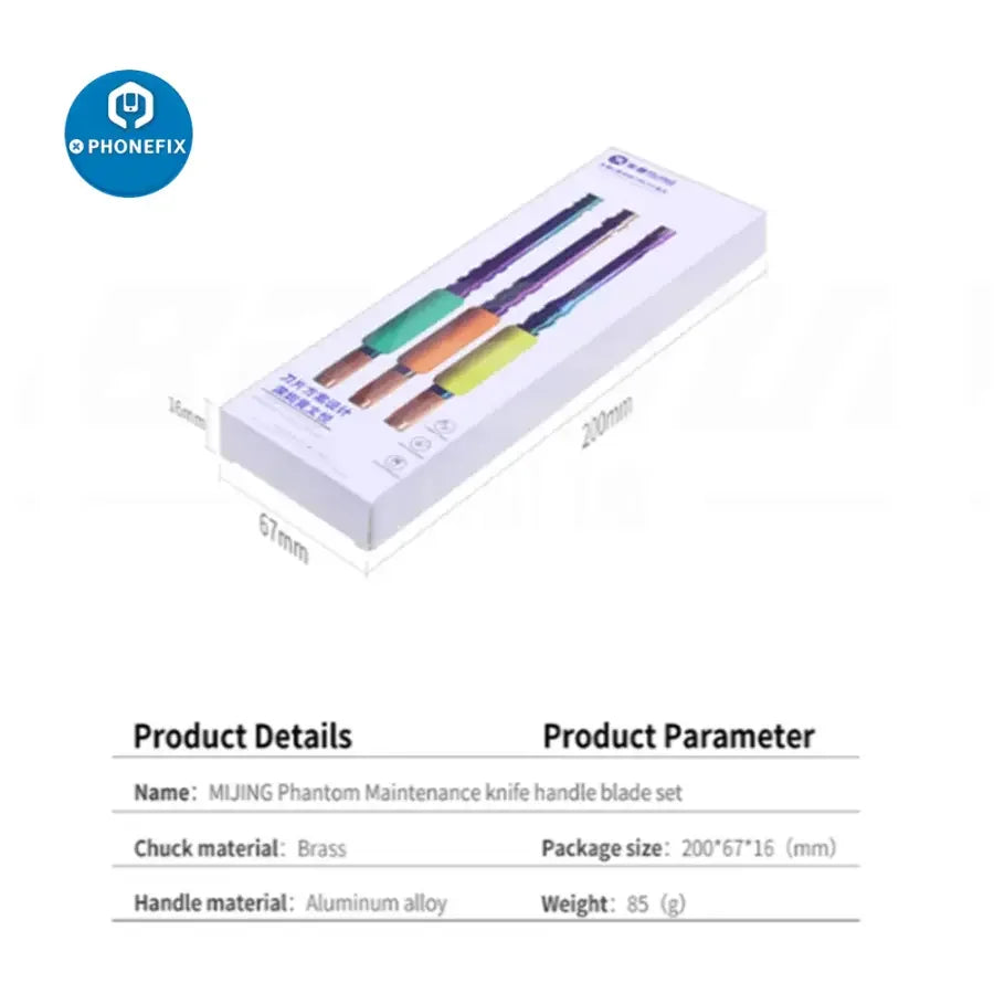 PhoneFix Mijing Phantom Knife 3-in-1 Blade Handle Set with IC glue removal tool and tweezers for precise electronics repair.