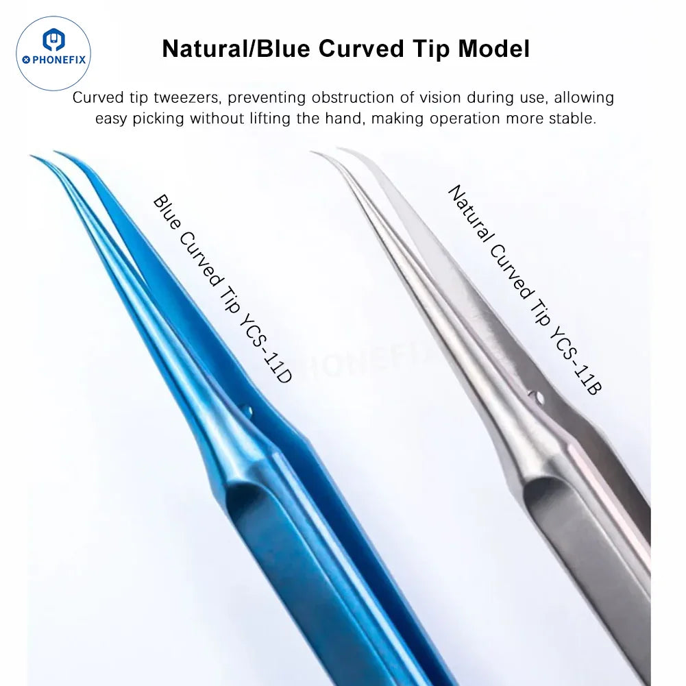 YCS Ultra-precision Titanium straight and curved tweezers from PHONEFIX, showcasing their sleek, durable design for precise handling.
