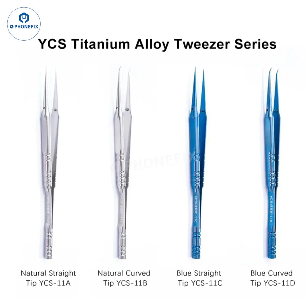 YCS Ultra-precision Titanium straight and curved tweezers from PHONEFIX, featuring sleek metal tips for precise handling.