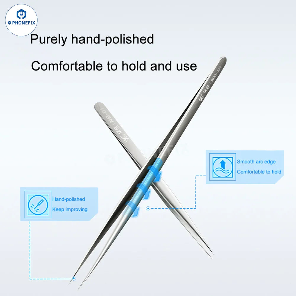 PhoneFix NB-01 precision long sharp tweezers for IC jumper wire clamping, ideal for electronics and delicate component handling.