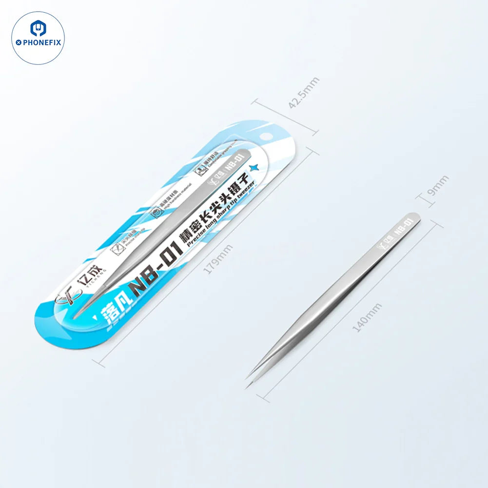 PhoneFix NB-01 precision long sharp tweezers with fine tips for electronic IC jumper wire clamping and repair work.