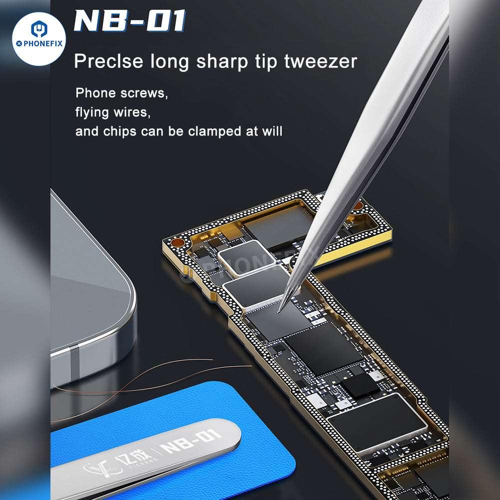 PhoneFix NB-01 precision long sharp tweezers for IC jumper wire clamping, ideal for electronic repair and detailed component handling.