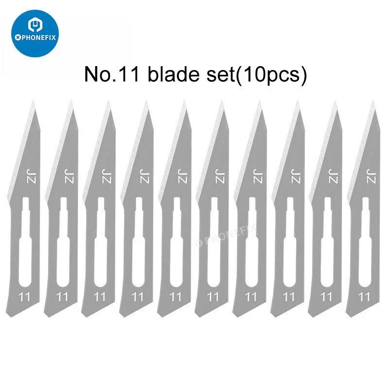 Set of 10 stainless steel graver scalpel blades for DIY cutting, compatible with PHONEFIX tweezers and knife tools.