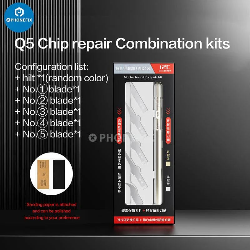 i2C Q5 Blade Kit with motherboard CPU chip pry scraper knife, PhoneFix branded tweezers and tools for electronics repair.