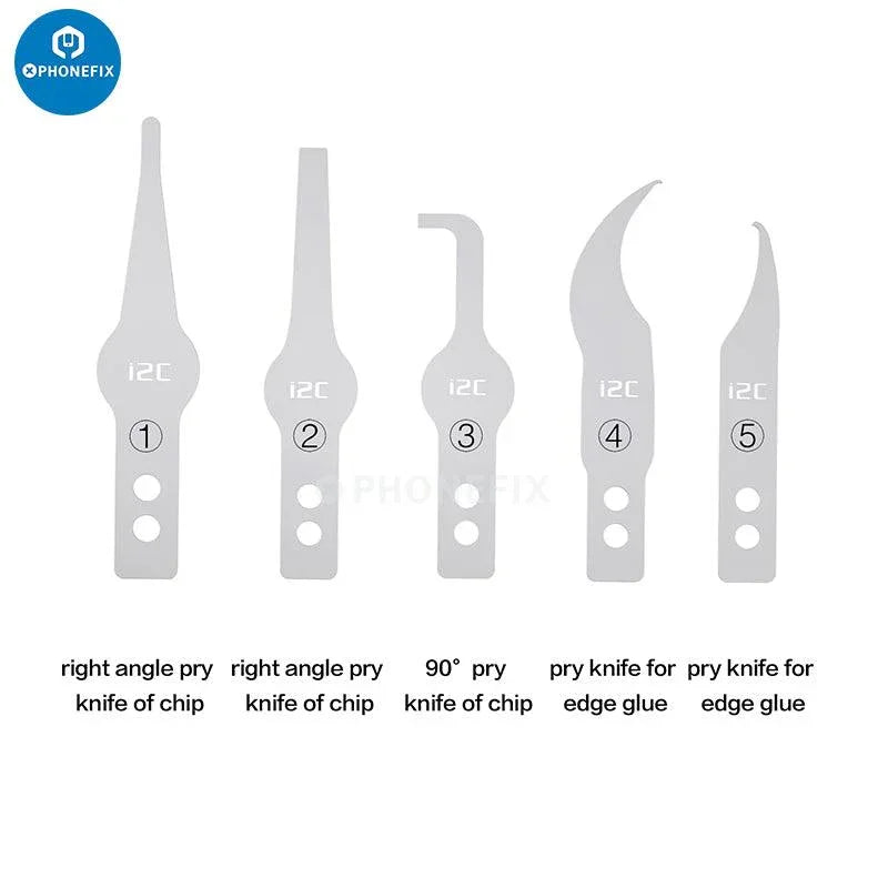 PhoneFix i2C Q5 Blade Kit with motherboard CPU chip pry scraper knife and tweezers, ideal for electronic device repairs.