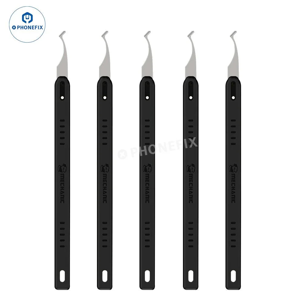 PhoneFix MECHANIC Quick Edge 7 integrated blade set for prying and glue removal, shown with precision tweezers and knives.
