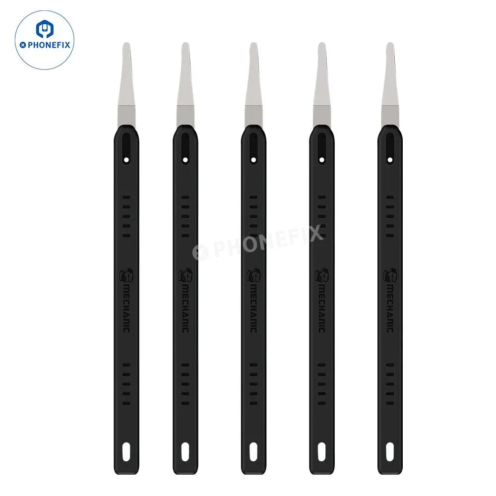 PhoneFix MECHANIC Quick Edge 7 integrated blade set for prying and glue removal, shown with precision tweezers and knife tools.