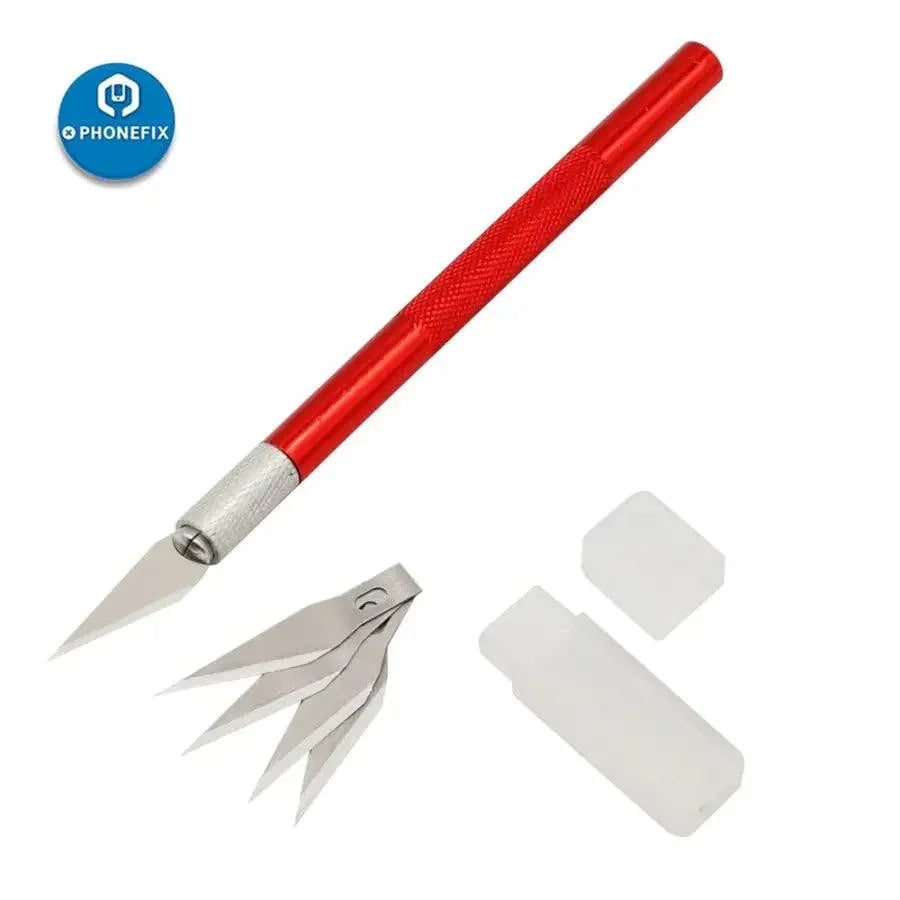 PhoneFix non-slip metal scalpel knife set with 5 blades, DIY PCB repair tools, includes tweezers and precision cutting knife.