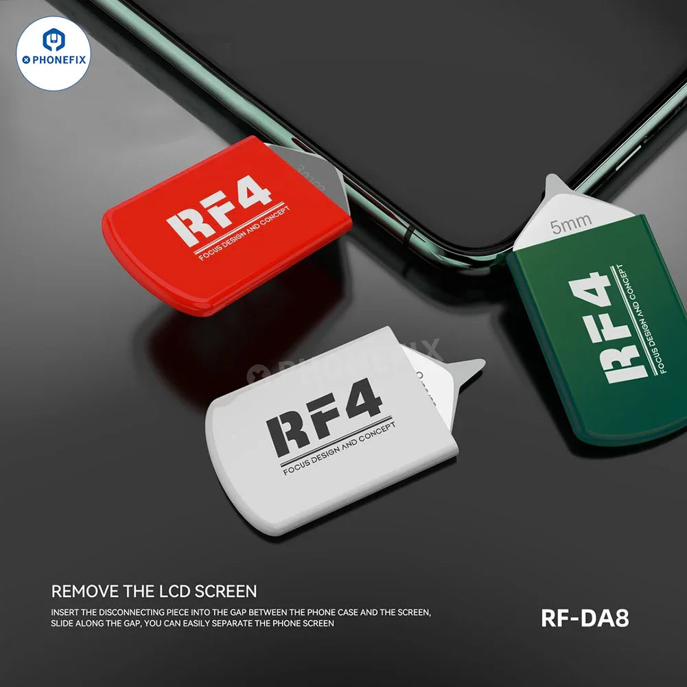 Juego de cuchillas de desmontaje PHONEFIX RF4 RF-DA8/DA9 con pinzas para la extracción de pantallas de teléfonos y tabletas y el desmontaje del marco.