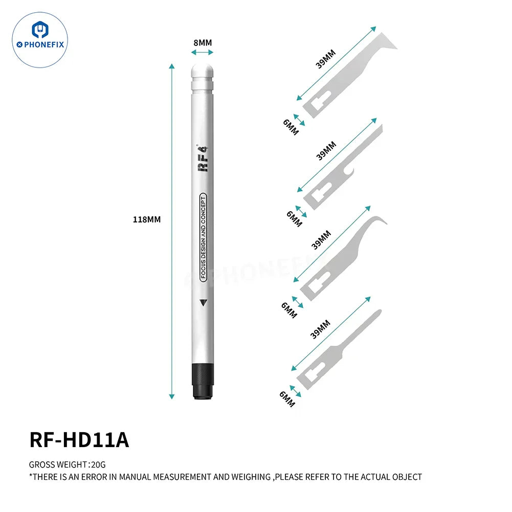PHONEFIX RF-HD11A phone repair blade scraper set with precision knife and tweezers for delicate electronic device repairs.