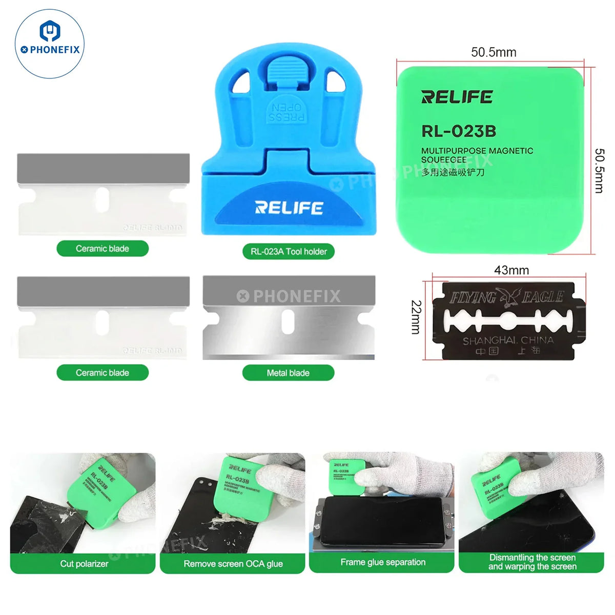 PHONEFIX RL-023A RL-023B phone glue remover and LCD frame opener with tweezers and knife tools for phone repair.