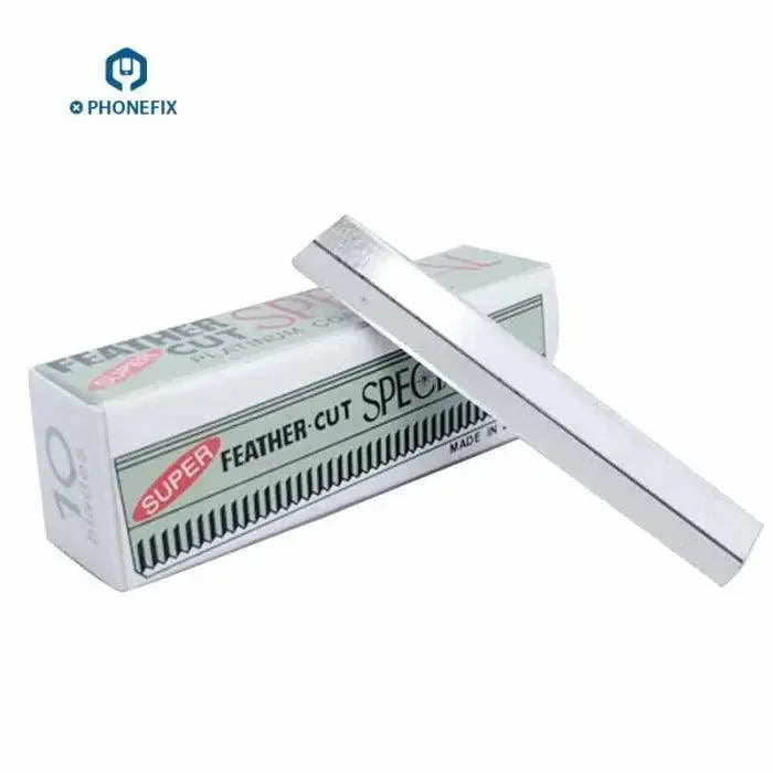 Set of five PHONEFIX stainless steel blade scrapers for phone screen cleaning and glue removal, featuring precision tweezers and knives.