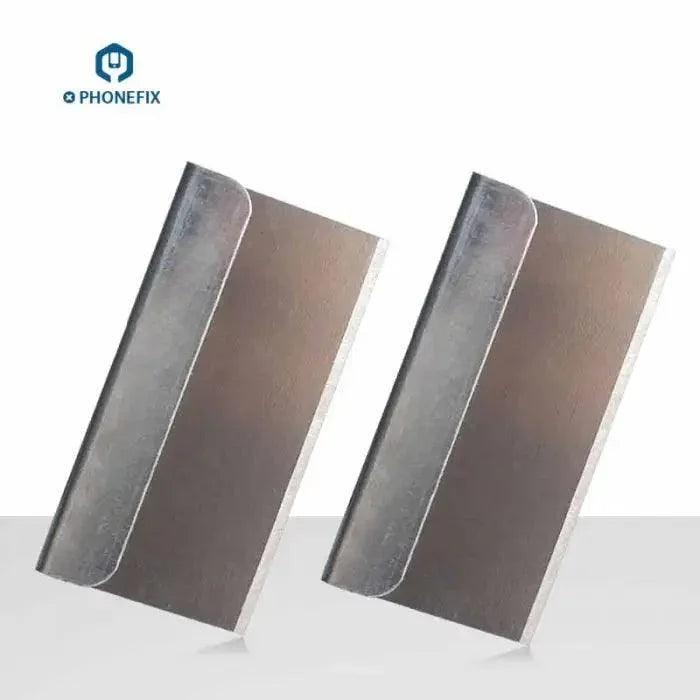 PhoneFix stainless steel blade scraper set with tweezers for phone screen cleaning and glue removal, includes five precision tools.