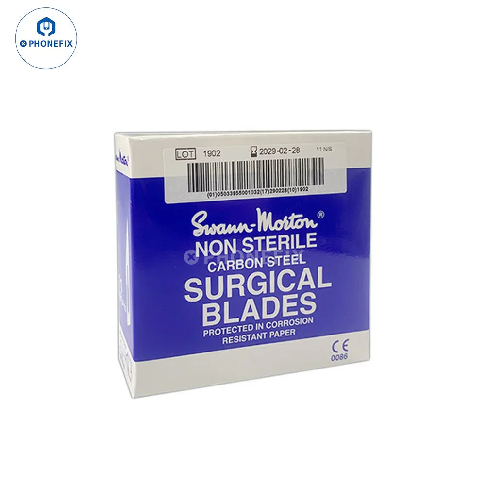 Swann Morton carbon steel surgical scalpel knife blades with tweezers and knife tools, ideal for precise medical or craft use.