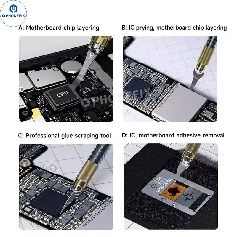PHONEFIX XZZ D004 PCB IC glue removal blade and tweezers for phone repair, precision tools for circuit board and IC removal.
