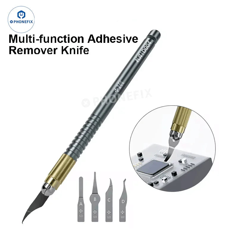 PhoneFix XZZ D004 PCB IC glue removal blade and tweezers in repair kit for phone circuit board and component removal.