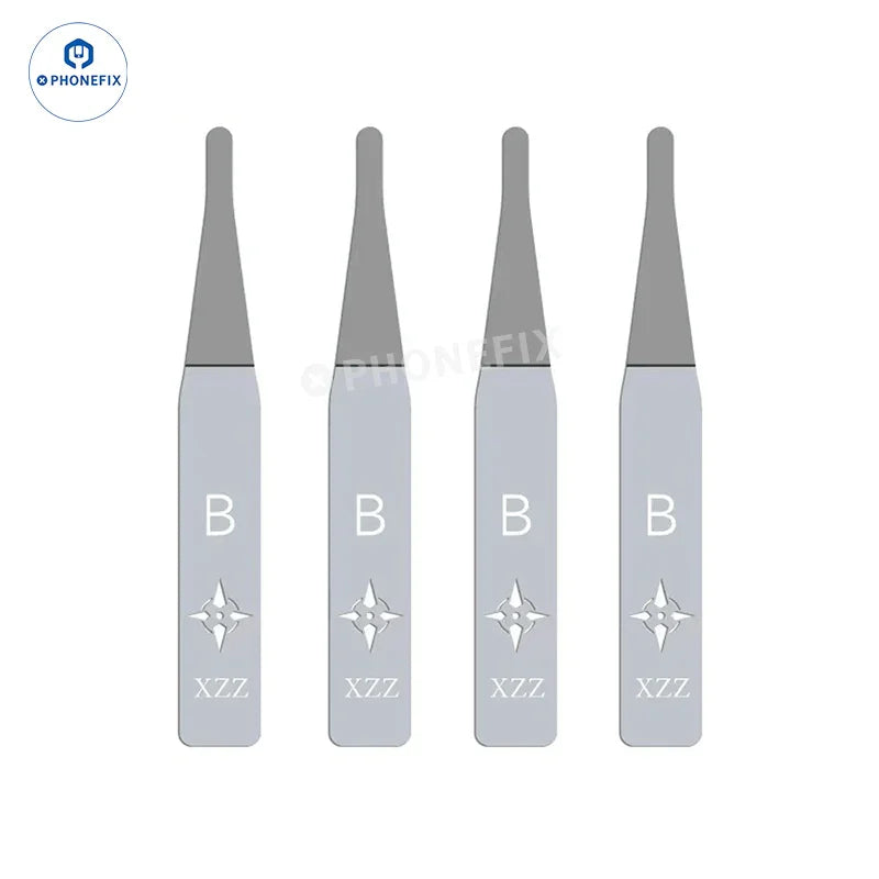 PhoneFix XZZ D004 PCB IC glue removal blade and tweezers for phone repair, precision tools for circuit board and IC removal.