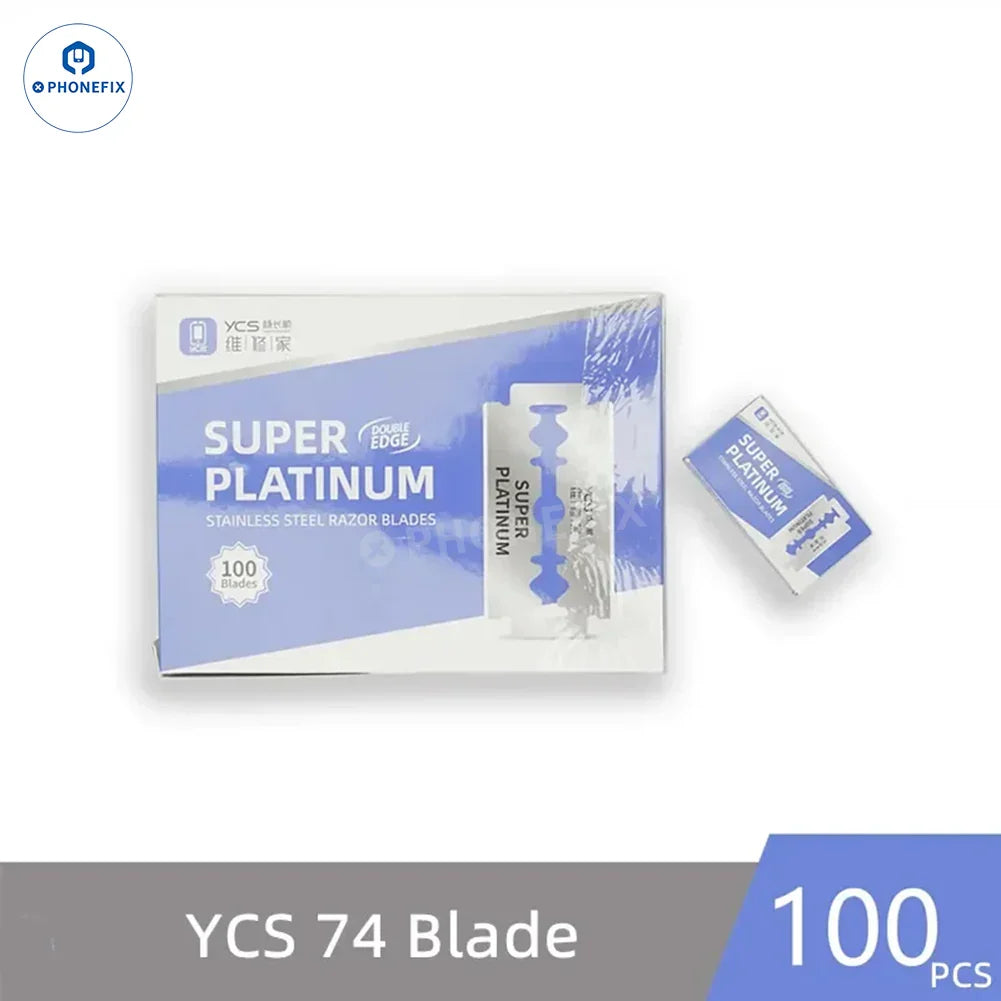 PhoneFix YCS Tools double-sided knife clip and tweezers for phone screen glue removal, precision repair toolkit.