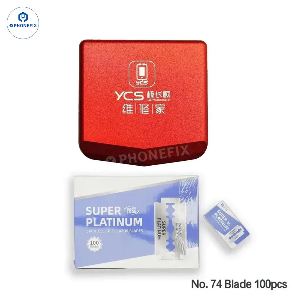 YCS Tools double-sided knife clip and tweezers for phone screen glue removal, from PHONEFIX, used for precise smartphone repair.