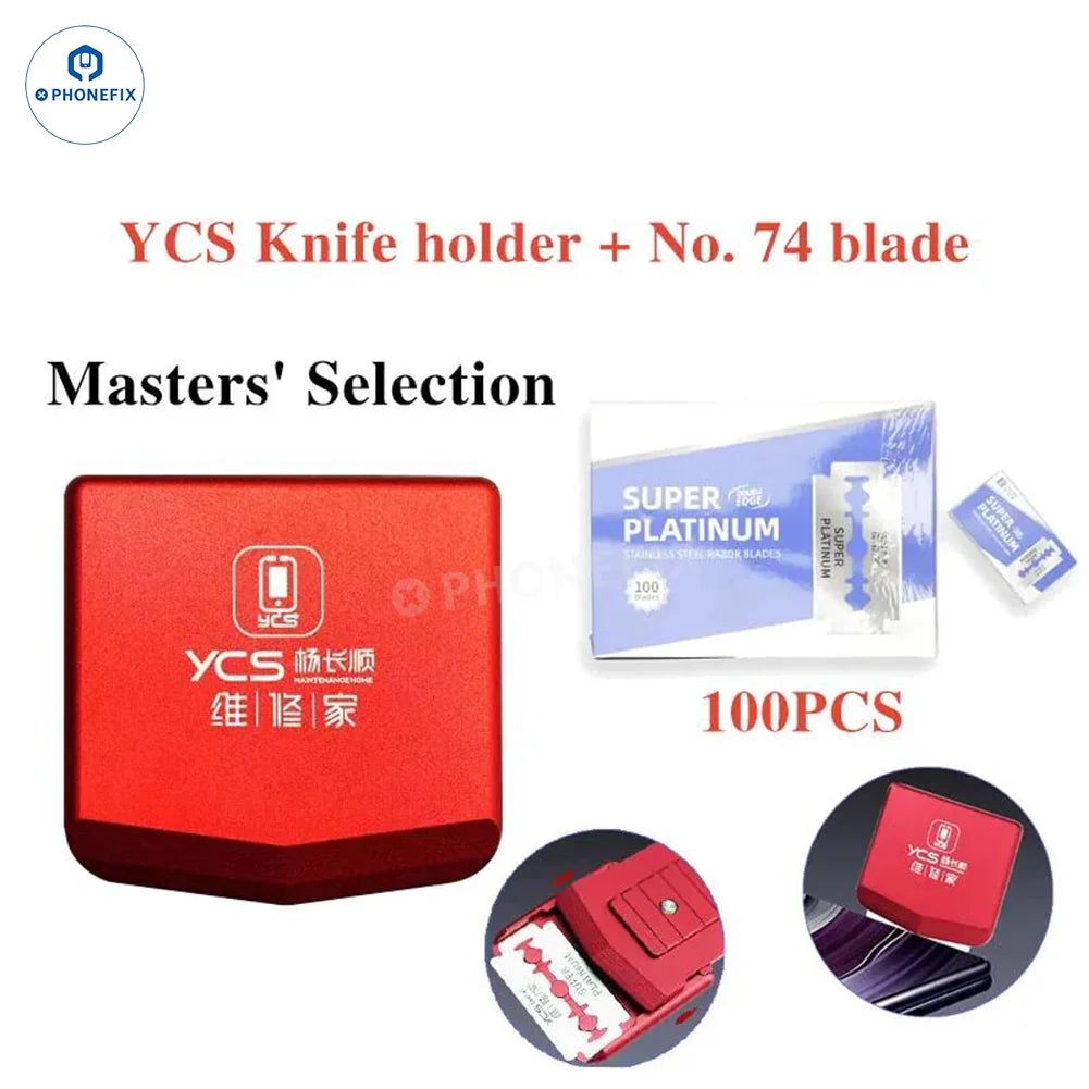 YCS Tools double-sided knife clip and tweezers for phone screen removal by PHONEFIX, used for precise glue and screen separation.