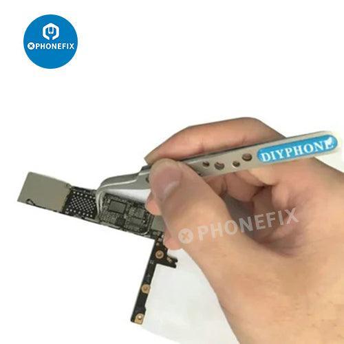 Pinces industrielles de précision PhoneFix avec pointes courbes et droites, idéales pour les réparations délicates et la manipulation de composants électroniques.