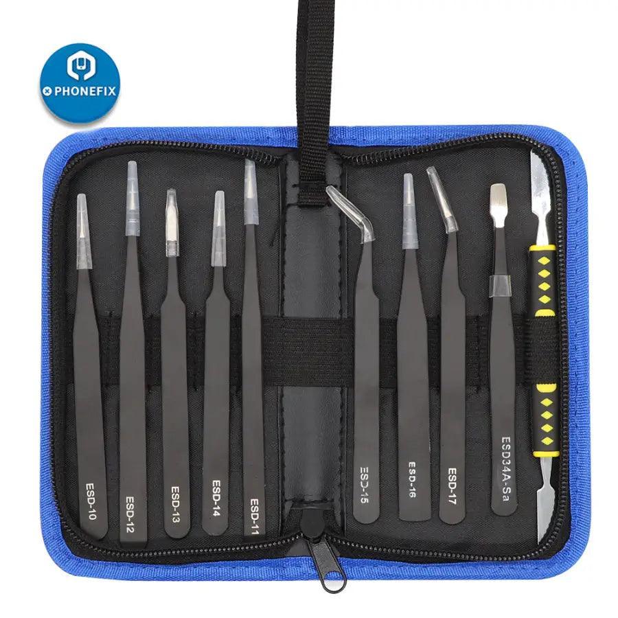 Anti-static stainless steel precision tweezers set from PHONEFIX, ESD repair toolkit for electronics and delicate component handling.
