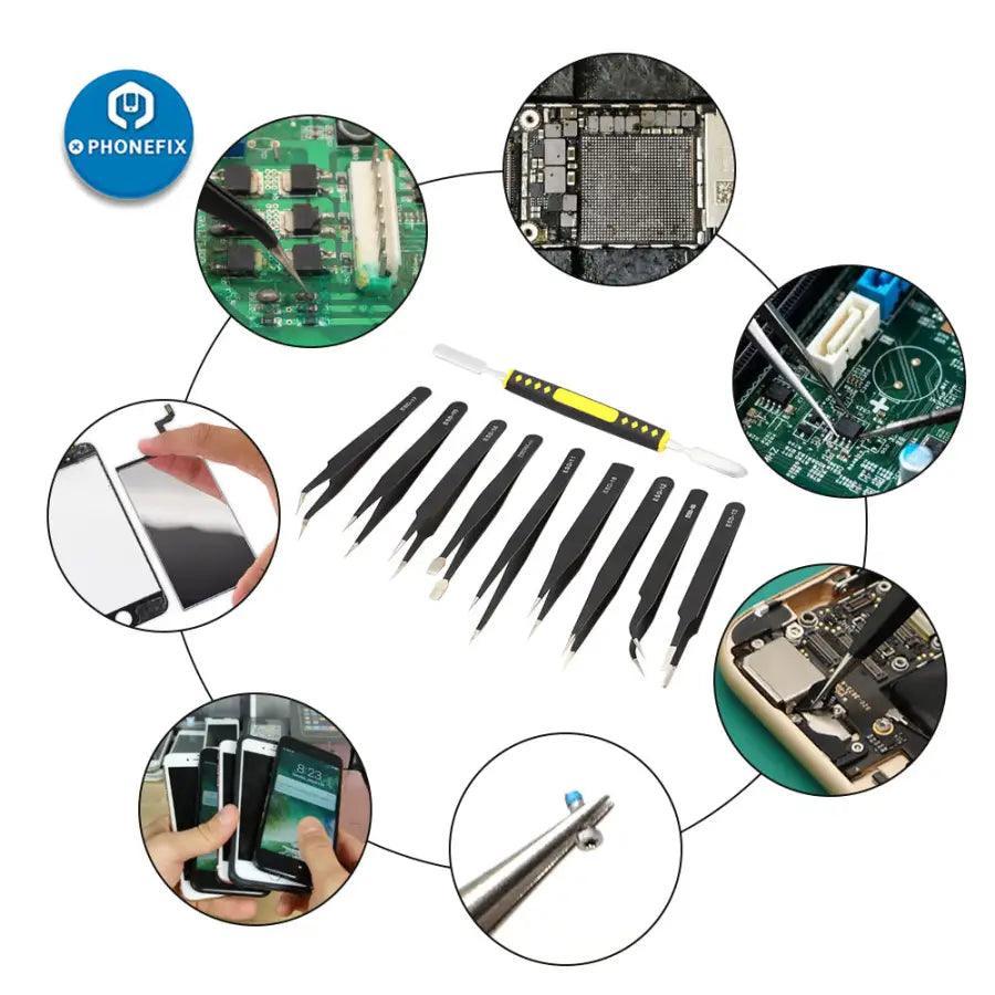 Anti-static stainless steel precision tweezers set from PHONEFIX, ideal for electronics repair and delicate component handling.