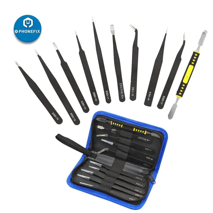 Anti-static stainless steel precision tweezers set from PHONEFIX, ideal for electronic repairs and delicate component handling.