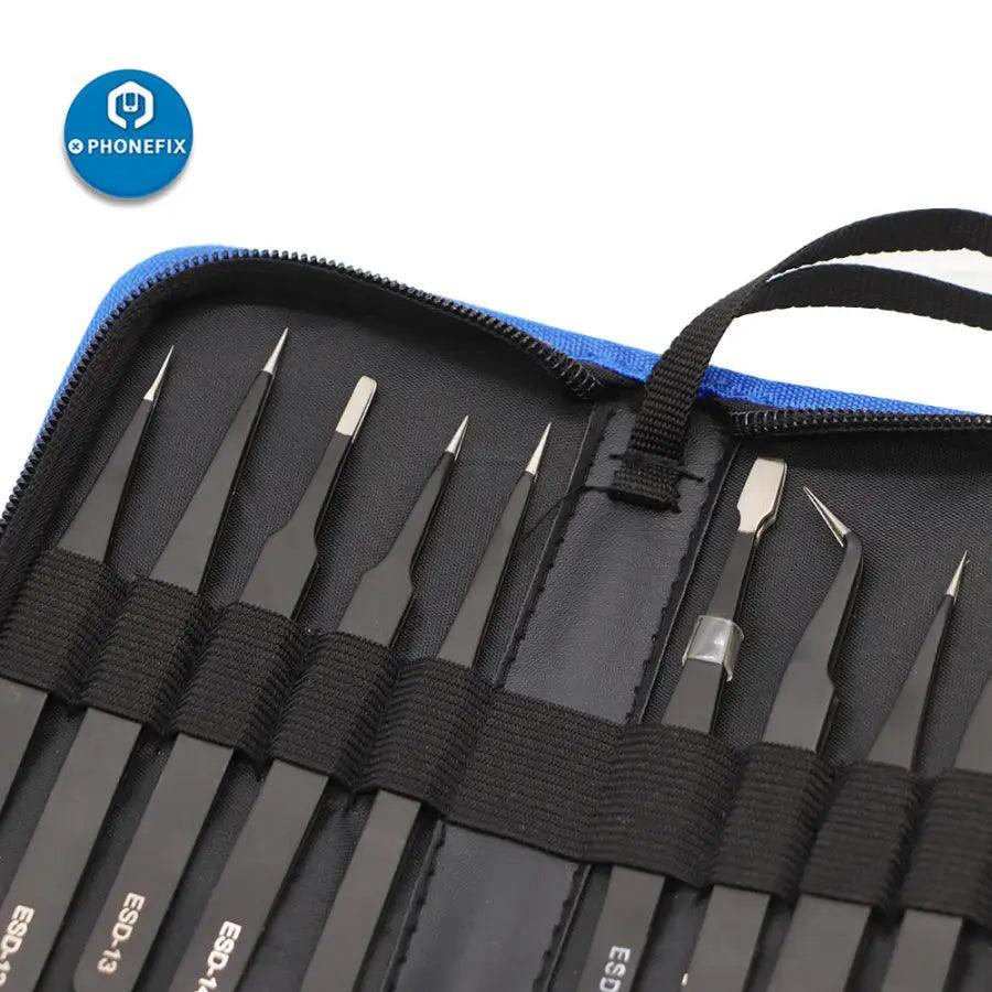 Anti-static stainless steel precision tweezers set from PHONEFIX, ideal for electronic repair and component removal.