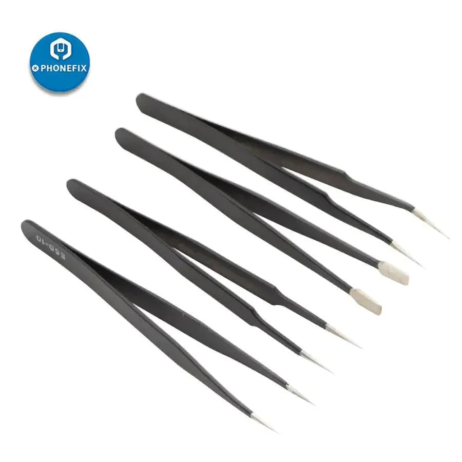 Anti-static stainless steel precision tweezers from PHONEFIX, ESD repair toolkit for electronics and delicate component handling.