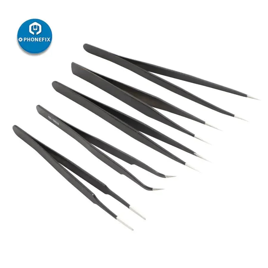 Anti-static stainless steel precision tweezers set from PHONEFIX, ESD repair toolkit for electronics and delicate component handling.
