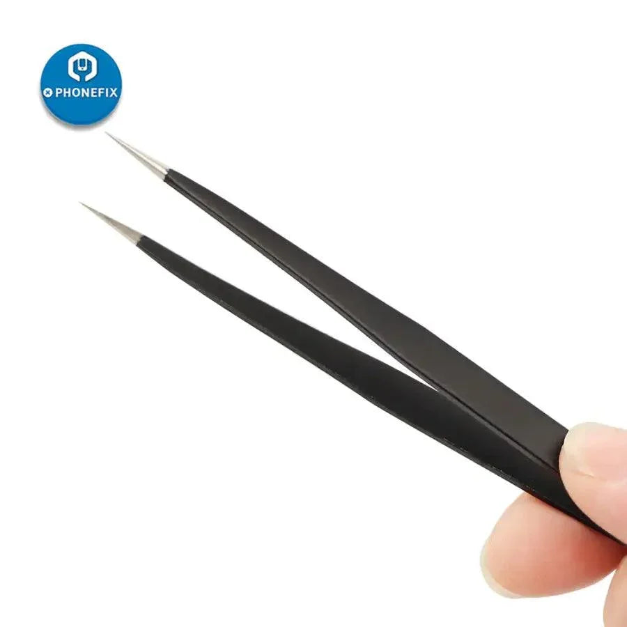 Anti-static stainless steel precision tweezers from PHONEFIX, part of ESD repair toolkit, suitable for delicate electronics and phone repairs.