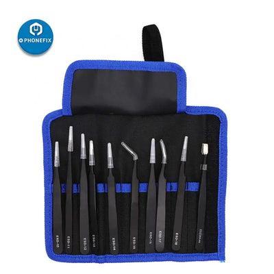 PhoneFix anti-static stainless steel precision tweezers set for electronics repair, ESD safe tweezers for delicate component handling.