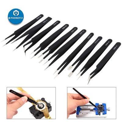 Anti-static stainless steel precision tweezers set from PHONEFIX, ideal for ESD repairs and delicate electronics handling.