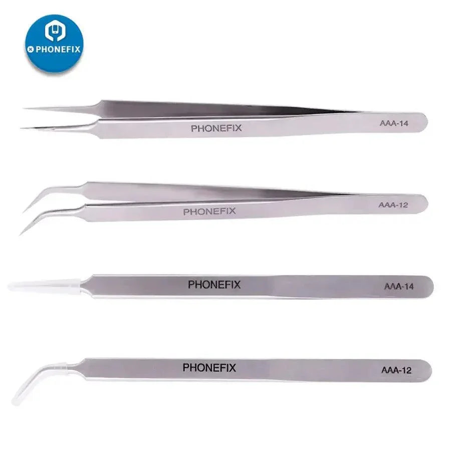 Stainless steel anti-static precision pointed tweezers by PHONEFIX, ideal for delicate electronic component handling.