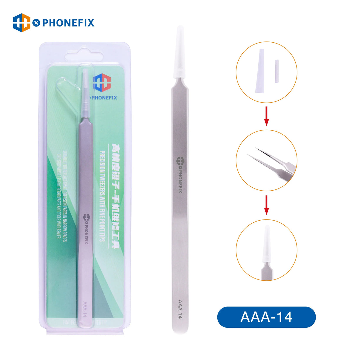 PhoneFix stainless steel anti-static precision pointed tweezers for electronics and delicate removal tasks.