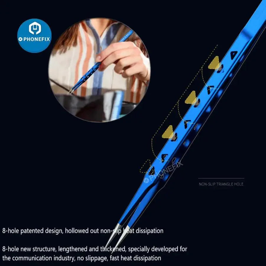 PhoneFix AAC-14 hollow heat-dissipating tweezers, precision tweezers for electronic repair, with ergonomic design and metal tips.
