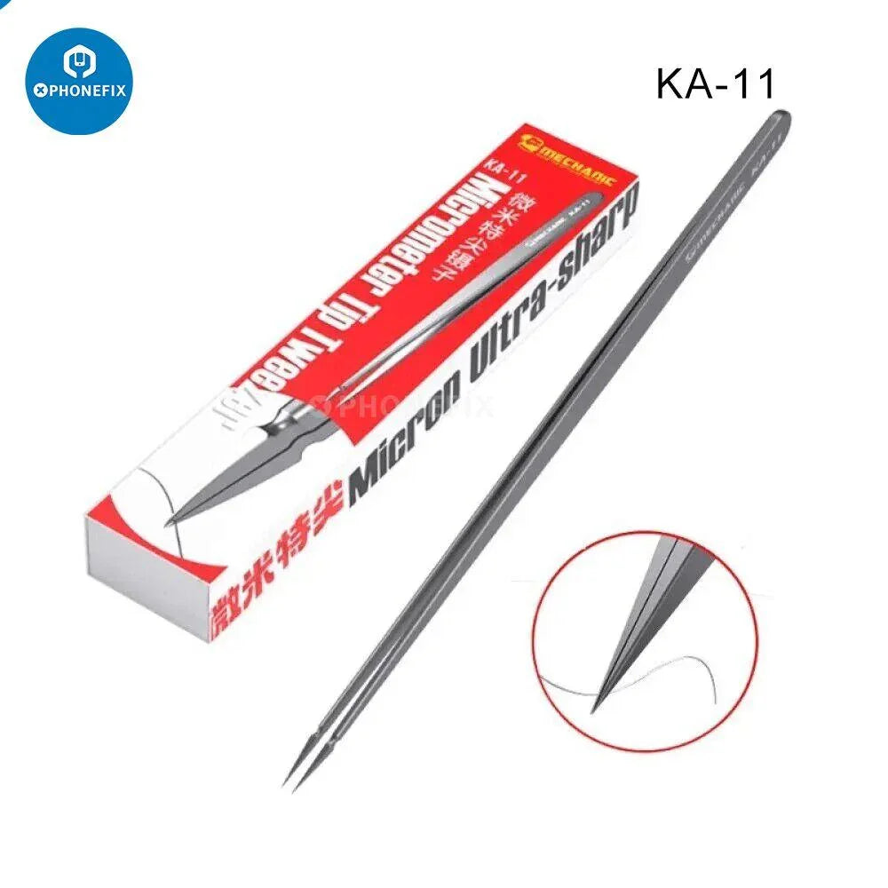 PHONEFIX stainless steel mechanic precision tweezers, phone repair removal tool with fine tips for electronics and delicate components.