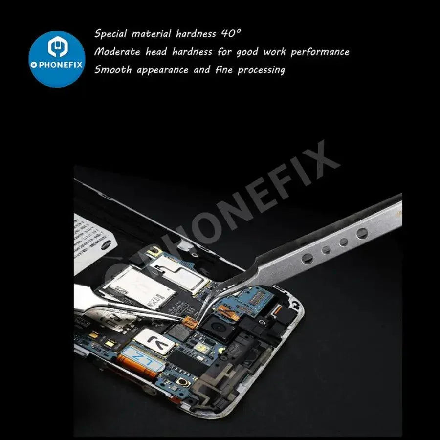 Precision lengthening anti-slip curved tweezers by PHONEFIX, designed for precise electronic component removal.