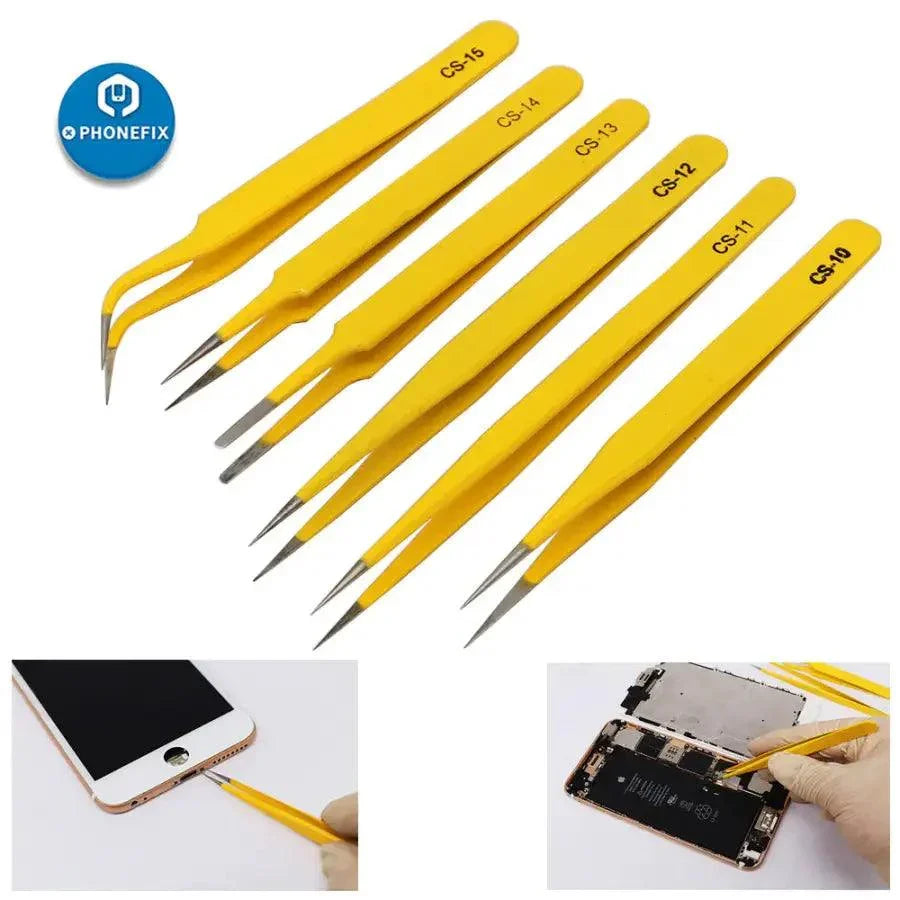 Stainless steel anti-static tweezers kit for PCB soldering repair, includes precision tweezers for electronic component handling.