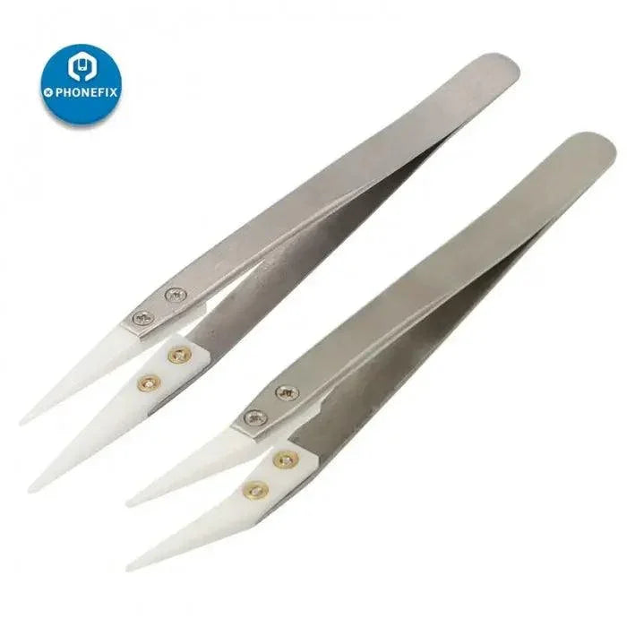 Anti-static ceramic tweezers by PHONEFIX, industrial straight and curved precision tweezers for electronics repair.
