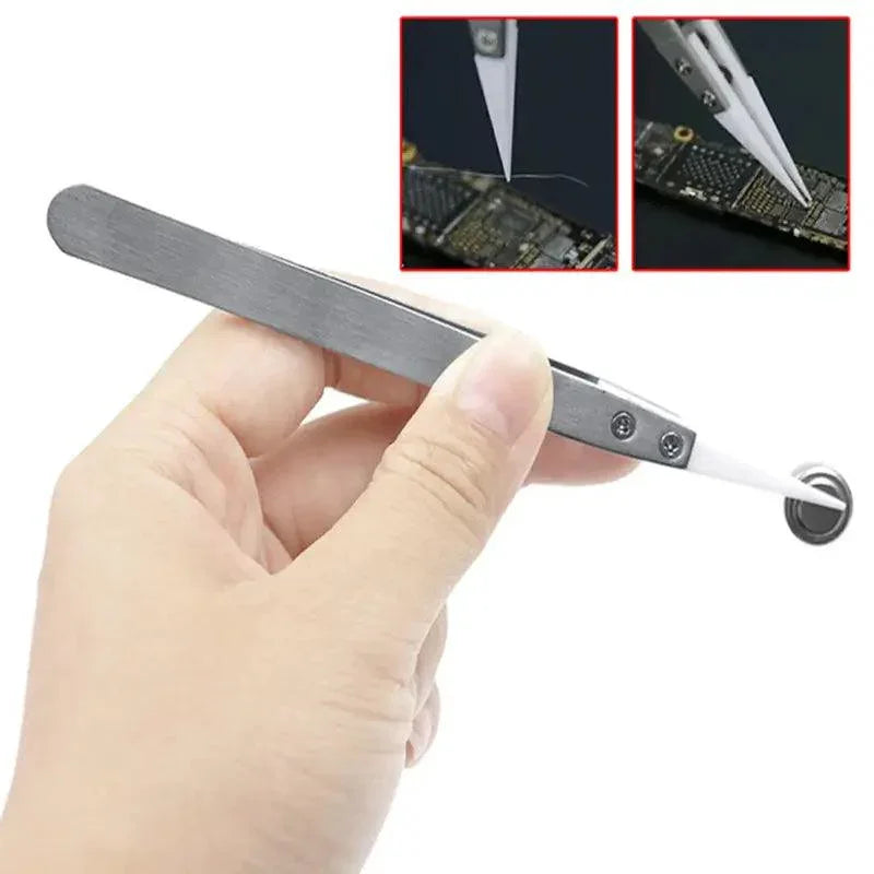 Anti-static ceramic tweezers by PHONEFIX, industrial straight and curved tweezers for precise electronic component handling.