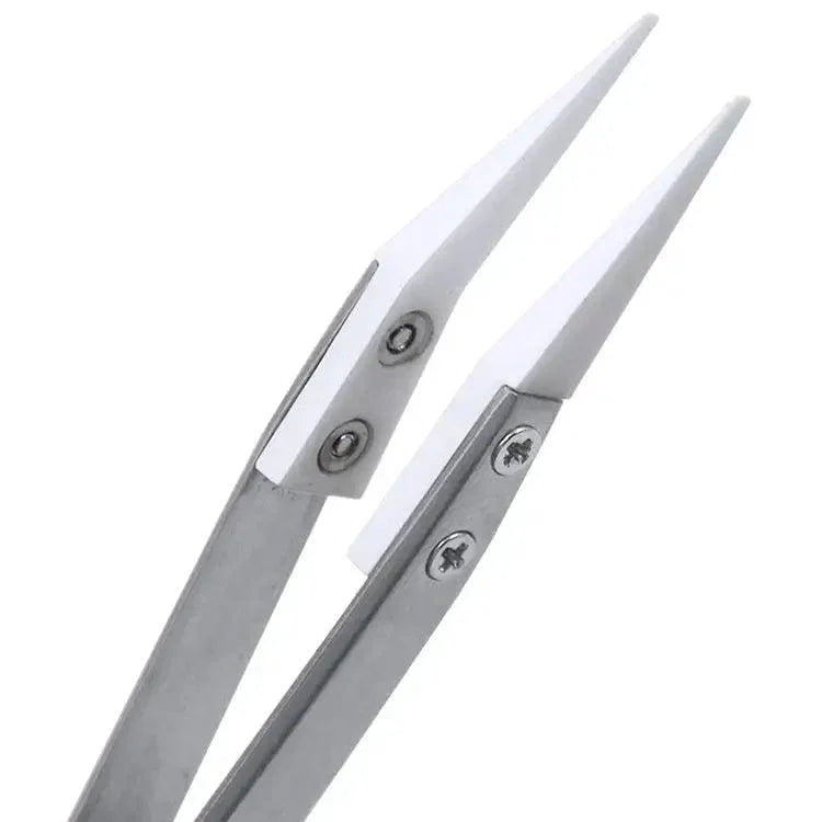 PhoneFix anti-static ceramic tweezers with straight and curved tips, ideal for precision electronic component removal.