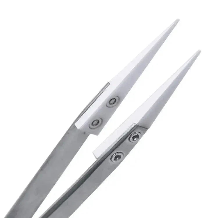 Anti-static ceramic tweezers from PHONEFIX with straight and curved tips, ideal for precision electronics and industrial repair work.